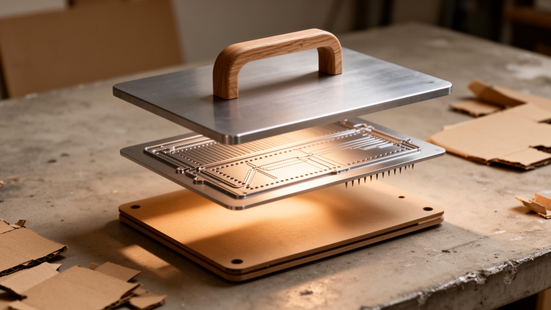 Exploded view of the three-layer Build Your Own Box press showing top plate, template die and base
