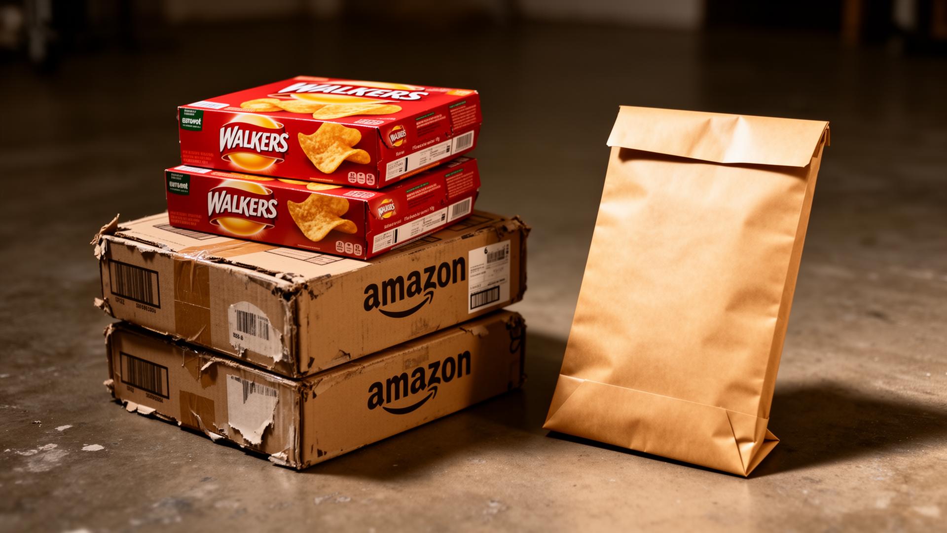 Old Walkers crisp boxes and Amazon mailers next to a freshly pressed kraft cardboard mailer